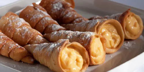 Cómo preparar unas cañas fritas rellenas de crema pastelera. Postre tradicional de crujiente masa hojaldrada rellena de crema, nata montada o chocolate.